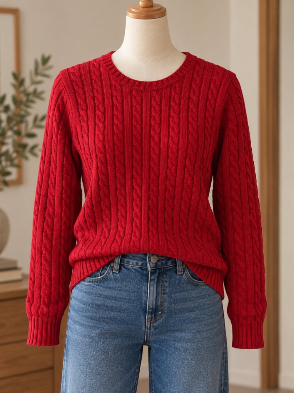 L.L.Bean Red Cable Knit Crewneck Sweater 100% Cotton Women’s Medium Regular